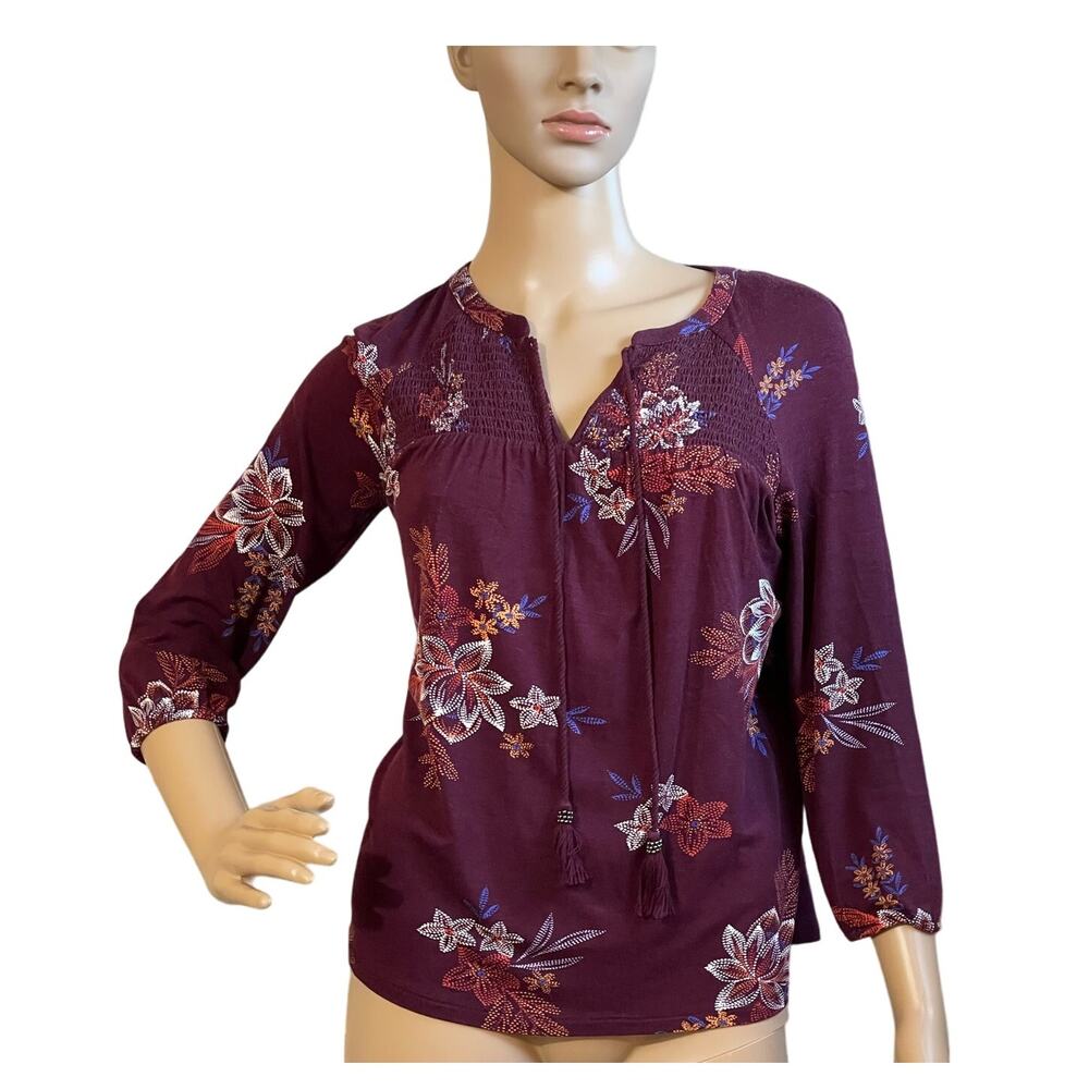 DANIELRAINN PEASANT‎ BOHO BLOUSE PULLOVER BURGUNDY FLORAL SMOCKED BODICE PXS NWT